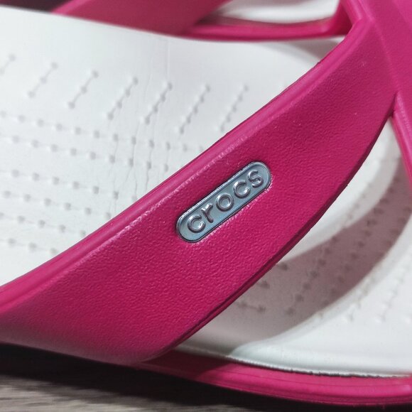 Crocs Low Wedge Slides Size 10 pink white Strappy Slip On Summer Comfort Sandals - Picture 7 of 12